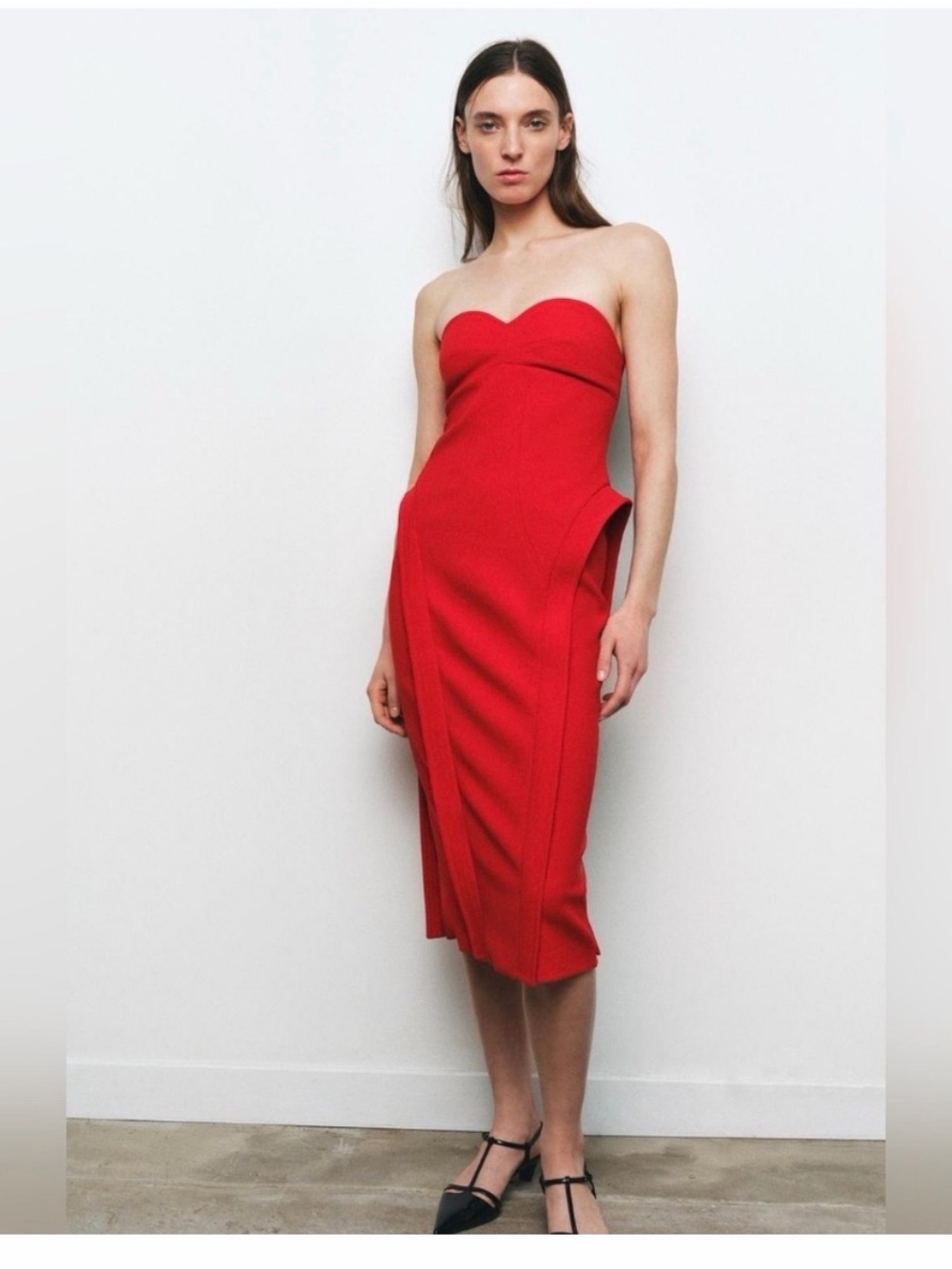 Strapless Red Midi Dress - Elegant Sweetheart Neckline zara s new